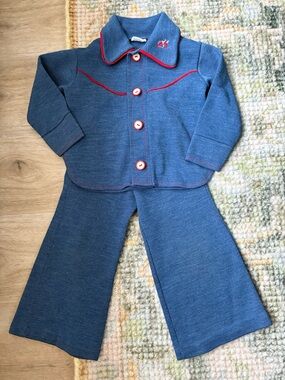 Vintage Blue Two-Piece Set with Red Piping